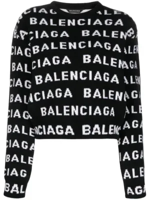 Balenciaga Intarsia All-Over Logo Crew Neck Knit Top Black