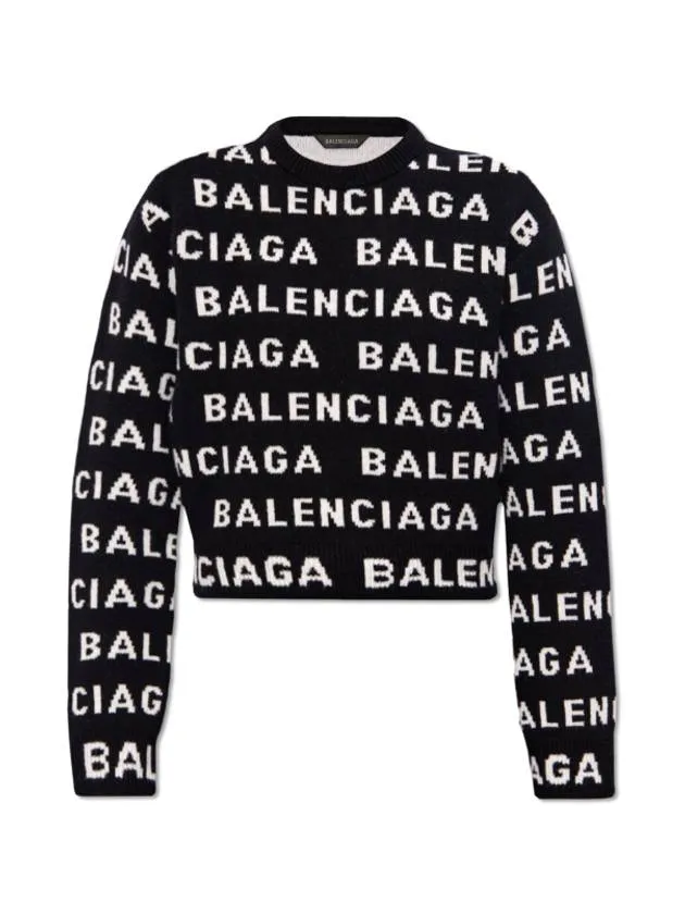 Balenciaga Intarsia All-Over Logo Crew Neck Knit Top Black