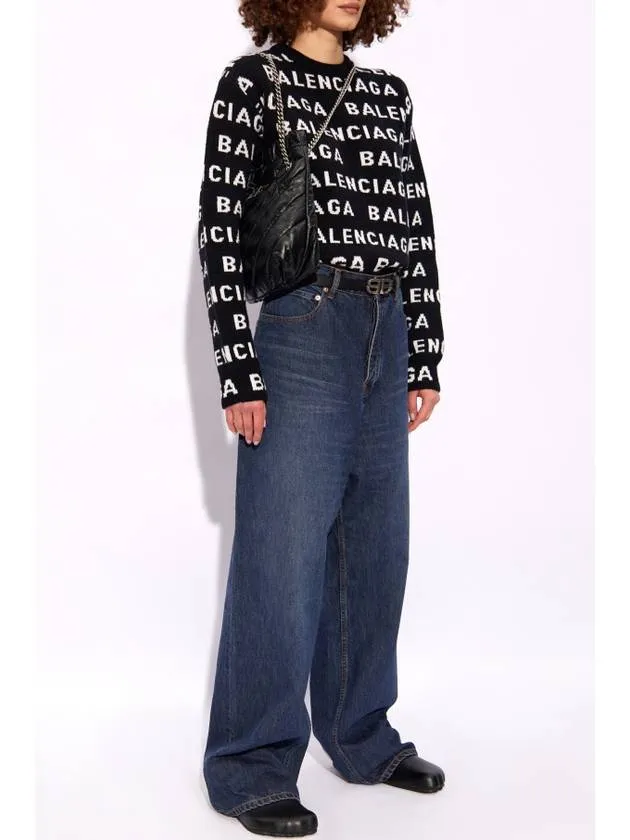 Balenciaga Intarsia All-Over Logo Crew Neck Knit Top Black