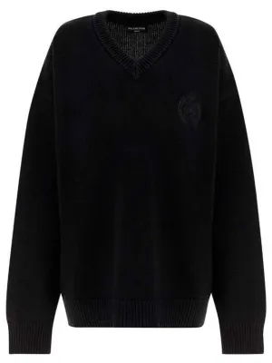 Balenciaga Men's Back Logo V-Neck Knit Top Black