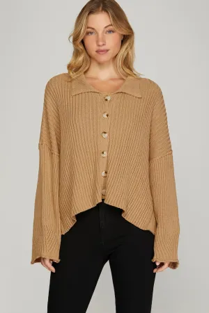 Collared Button Down Sweater - Taupe