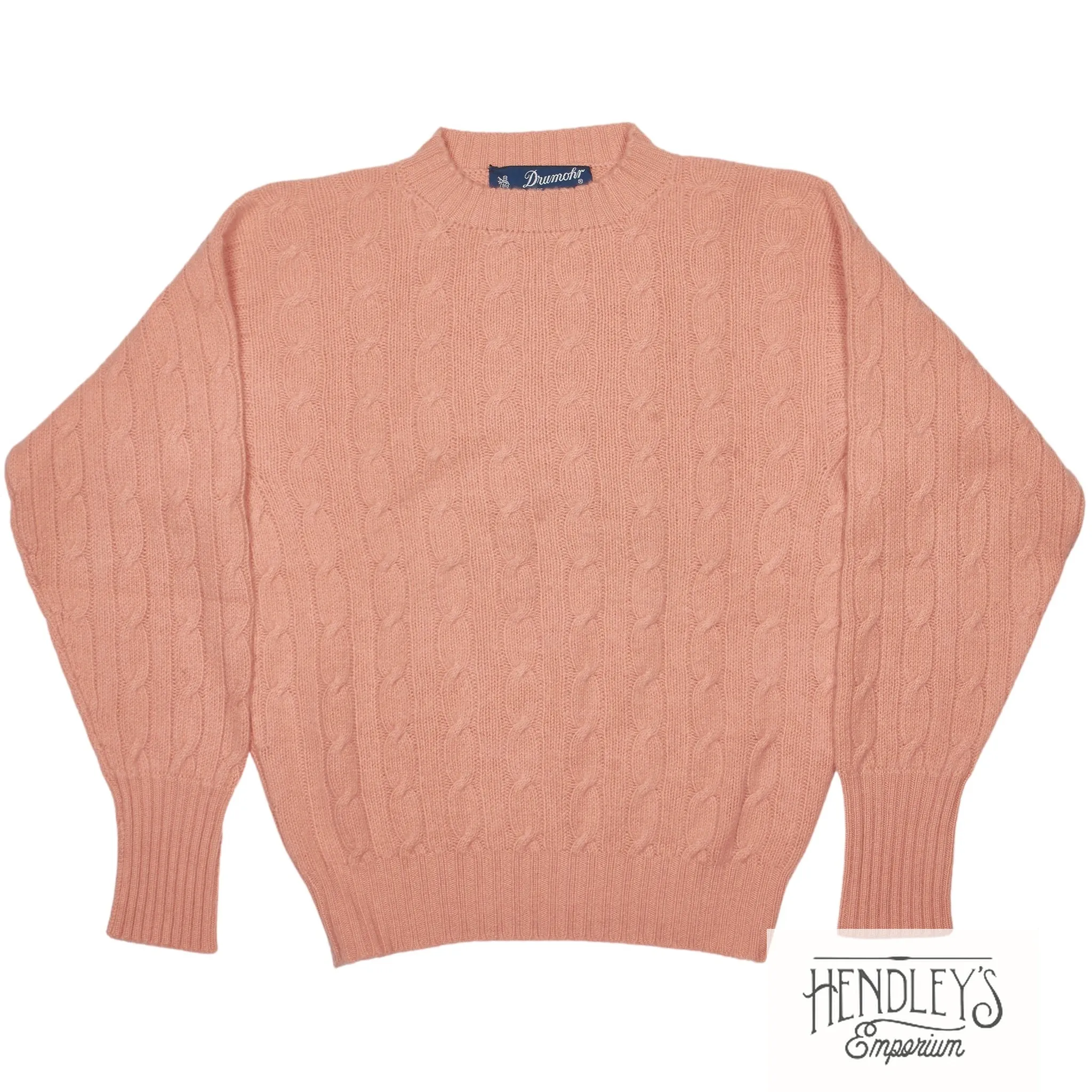 Drumohr 100% Cashmere Sweater XS in Peach Pink Cable-Knit Crew-Neck SCOTLAND