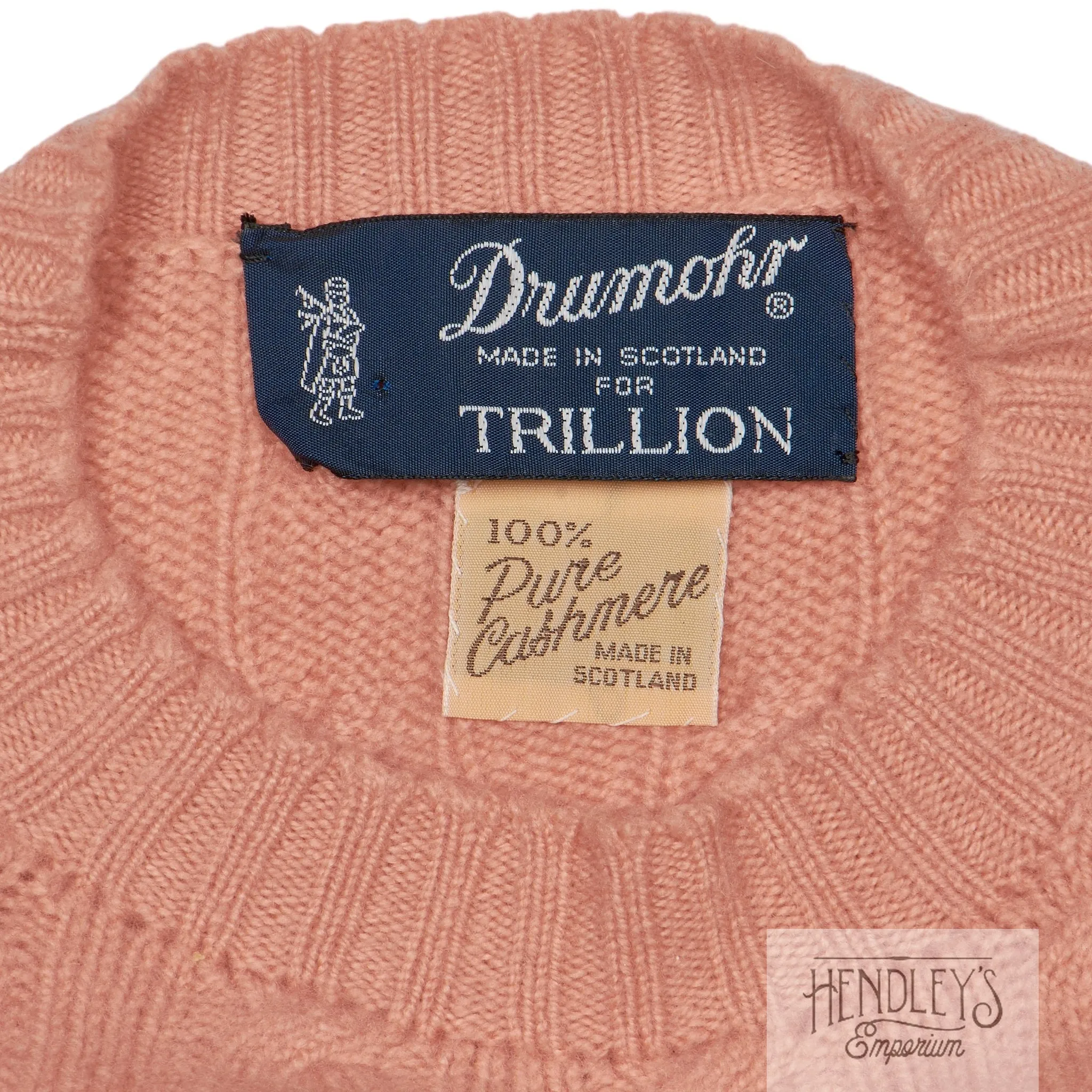 Drumohr 100% Cashmere Sweater XS in Peach Pink Cable-Knit Crew-Neck SCOTLAND