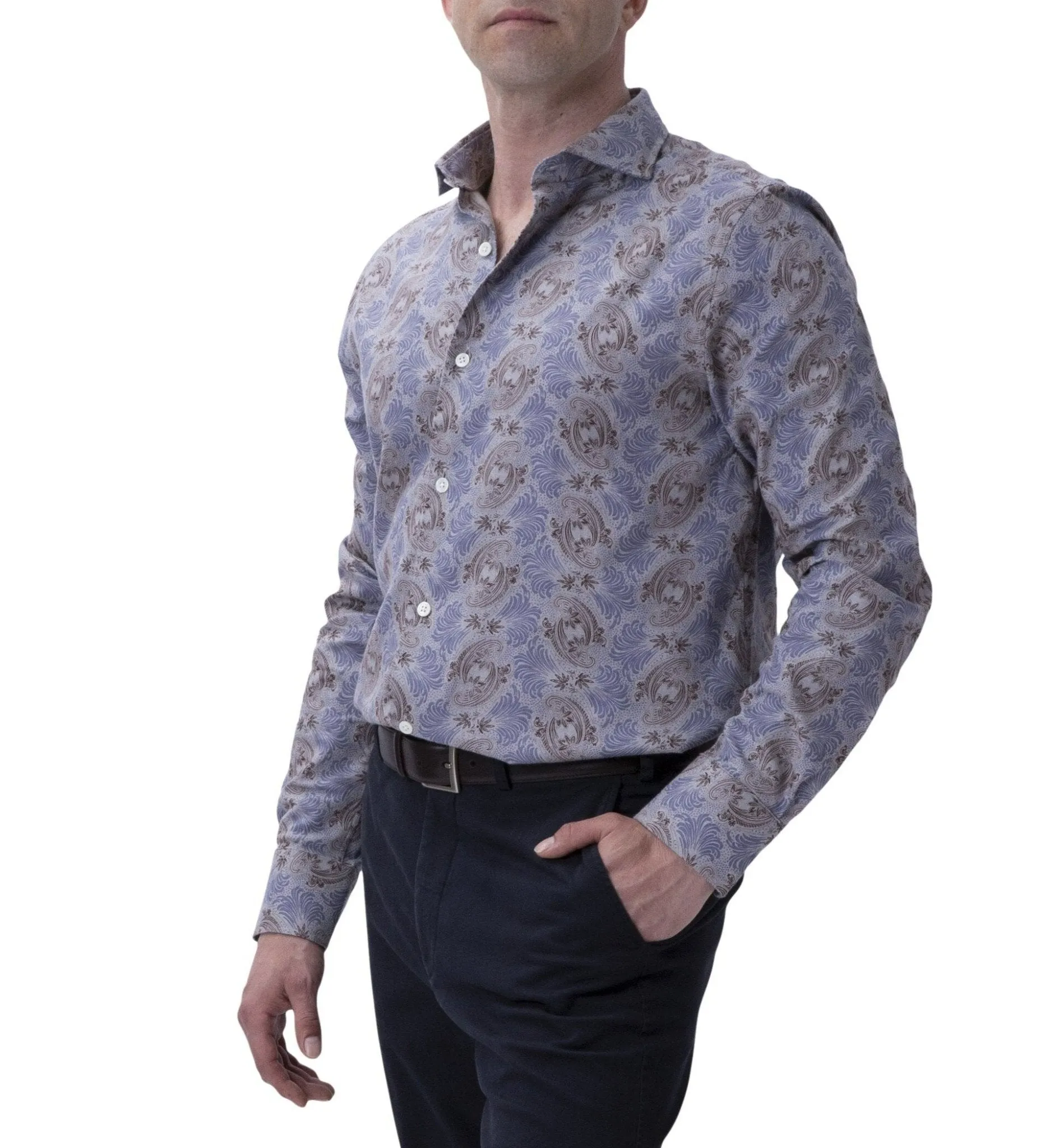 HENRY SARTORIAL Floral Cotton Shirt GREY/BROWN
