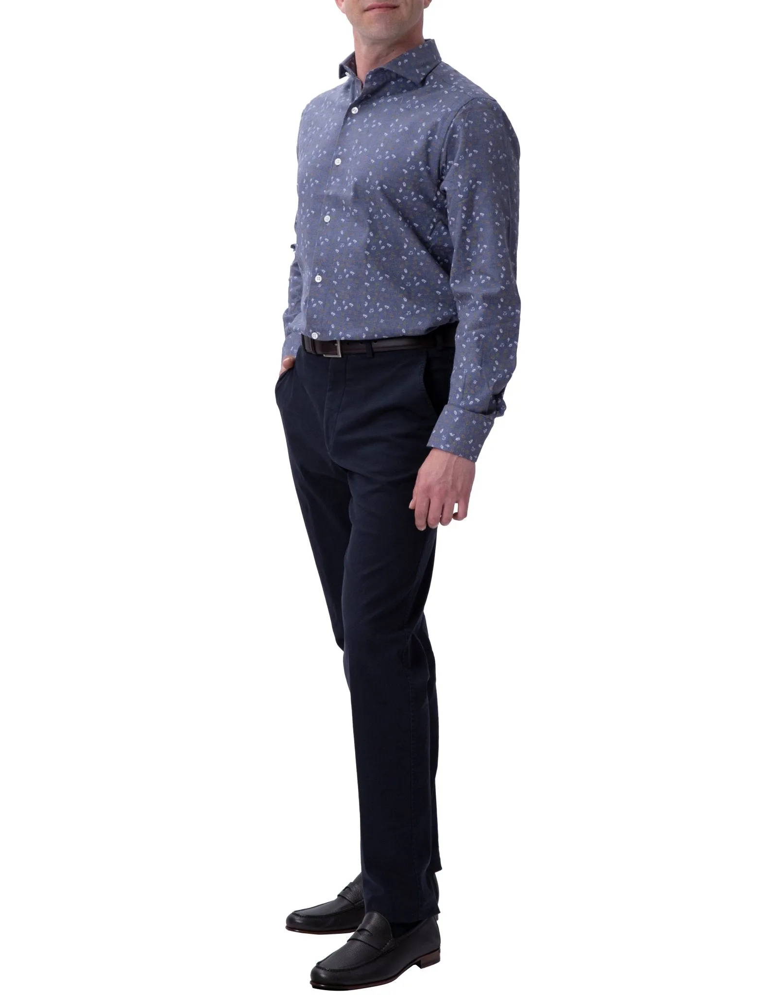 HENRY SARTORIAL Print Cotton Shirt BLUE/TAN/WHITE