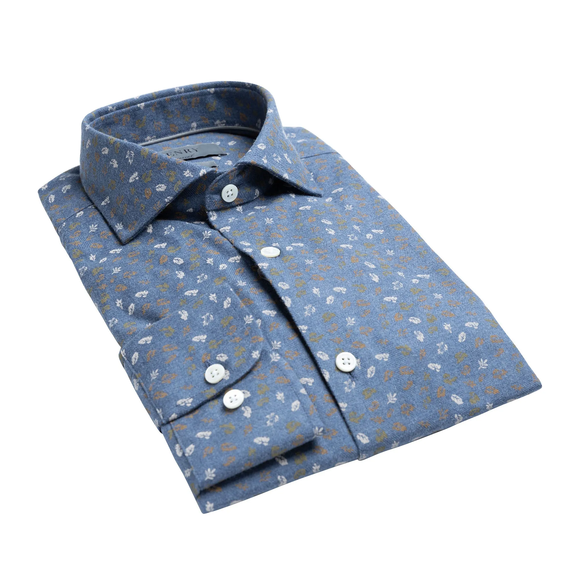 HENRY SARTORIAL Print Cotton Shirt BLUE/TAN/WHITE