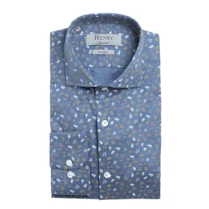 HENRY SARTORIAL Print Cotton Shirt BLUE/TAN/WHITE